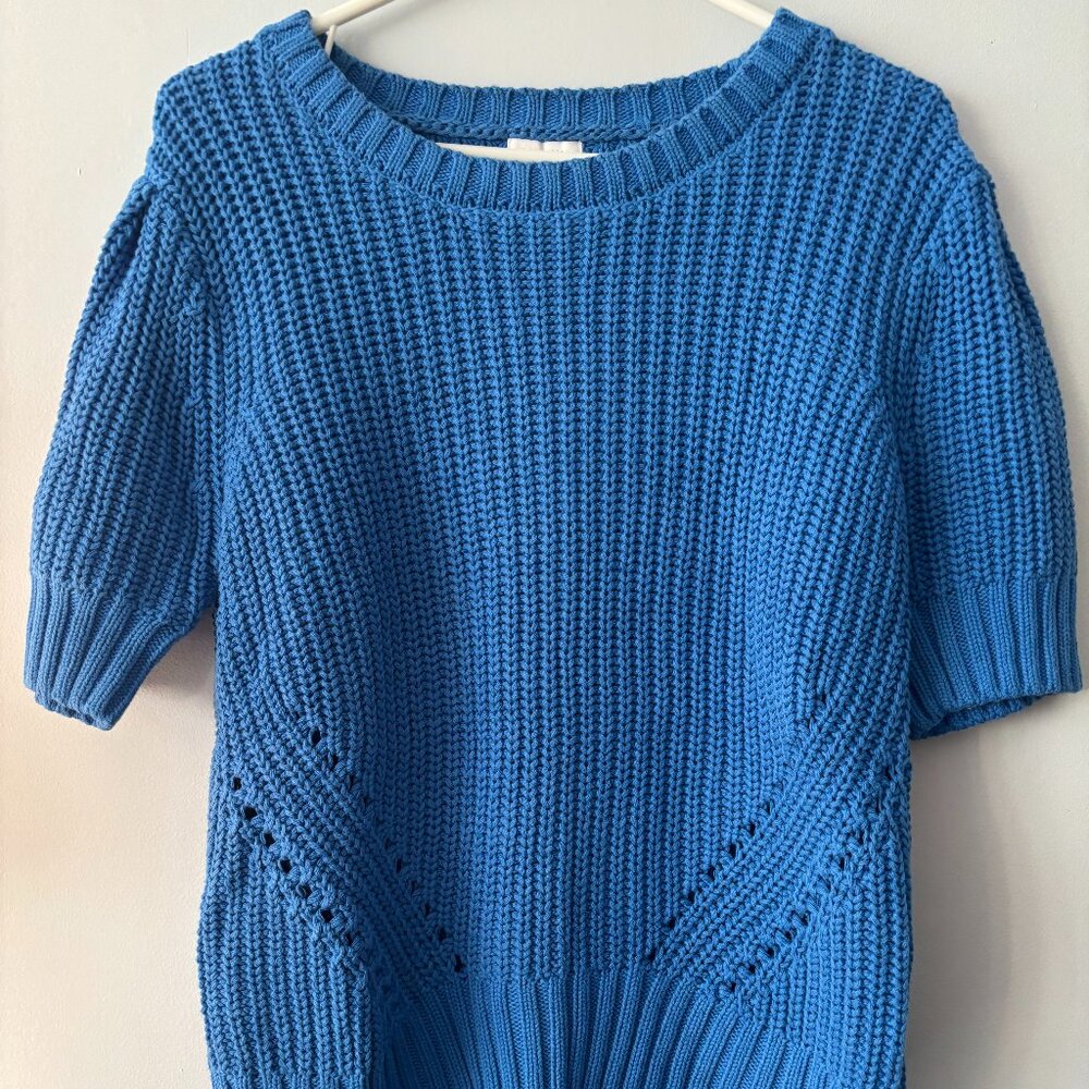 LASCANA Women's Knitted Short Sleeve Sweater Solid Blue, Size 8/10